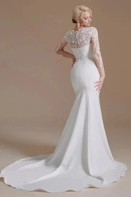 Elegant Jewel Long-Sleeve Mermaid Floor-Length Satin Wedding Dresses with Pattern by misshow.com