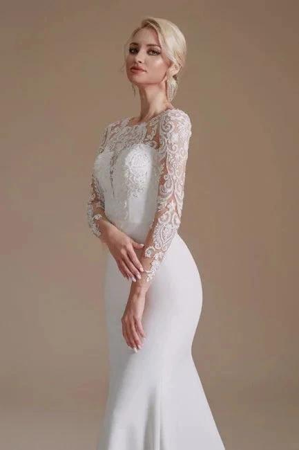 Elegant Jewel Long-Sleeve Mermaid Floor-Length Satin Wedding Dresses with Pattern by misshow.com