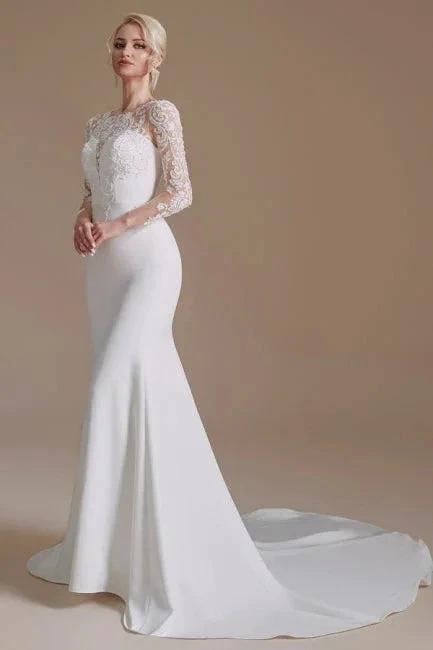Elegant Jewel Long-Sleeve Mermaid Floor-Length Satin Wedding Dresses with Pattern by misshow.com