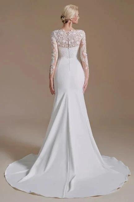Elegant Jewel Long-Sleeve Mermaid Floor-Length Satin Wedding Dresses with Pattern by misshow.com