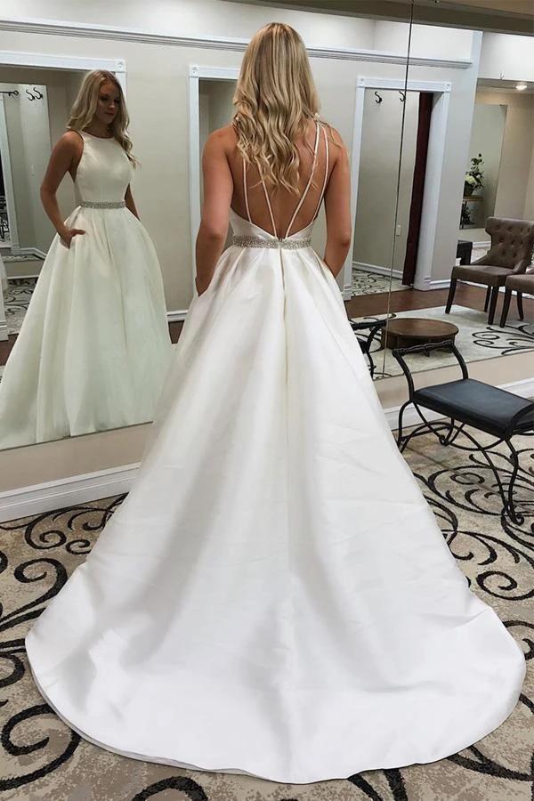 Elegant Jewel Sleeveless Sweep Train Wedding Dress with Pockets WD501 by pgmdress