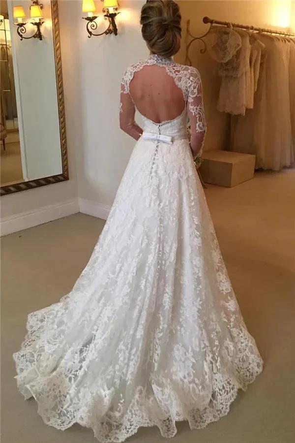 Elegant Lace A-line Long Sleeve High Neck Wedding Dresses WD032 by pgmdress