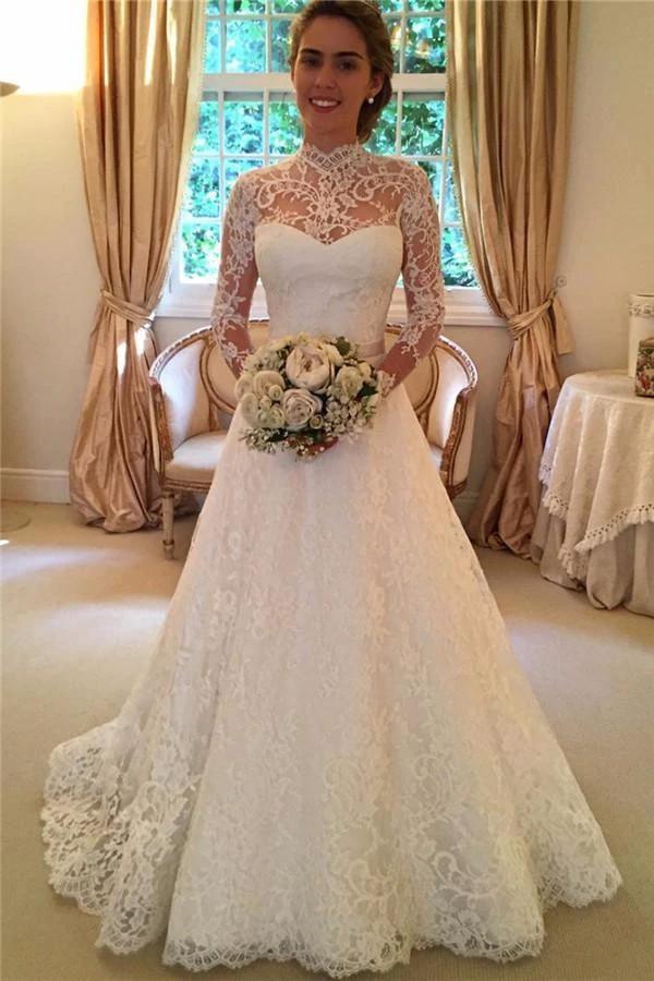 Elegant Lace A-line Long Sleeve High Neck Wedding Dresses WD032 by pgmdress