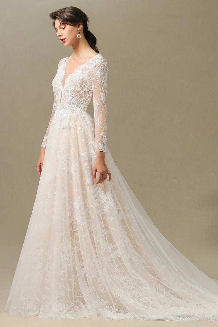 Elegant Lace Deep V-neck Wedding Dress Long Sleeve Floor Length Bridal Gowns by misshow.com