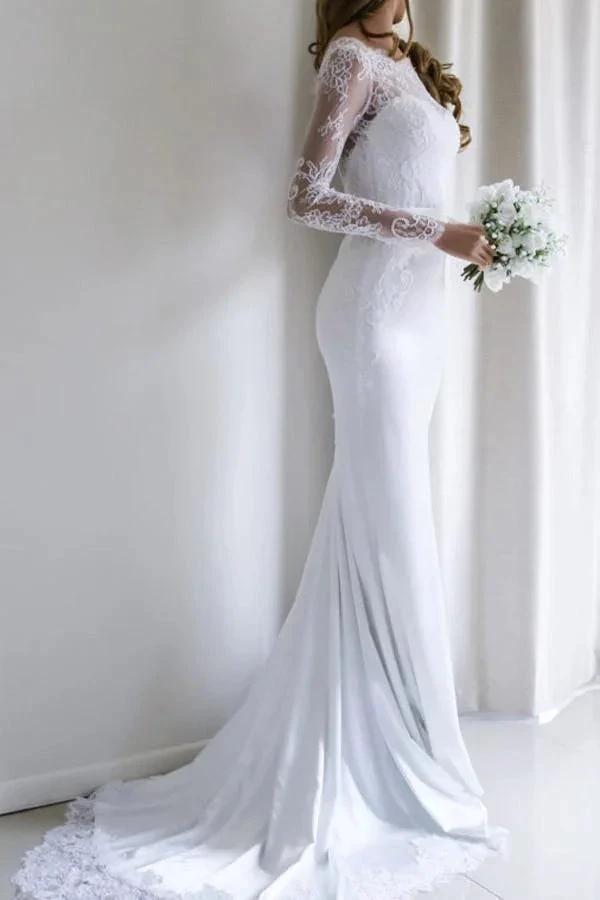 Elegant Lace Long Sleeves Mermaid White Long Wedding Dress with Train WD110 by pgmdress