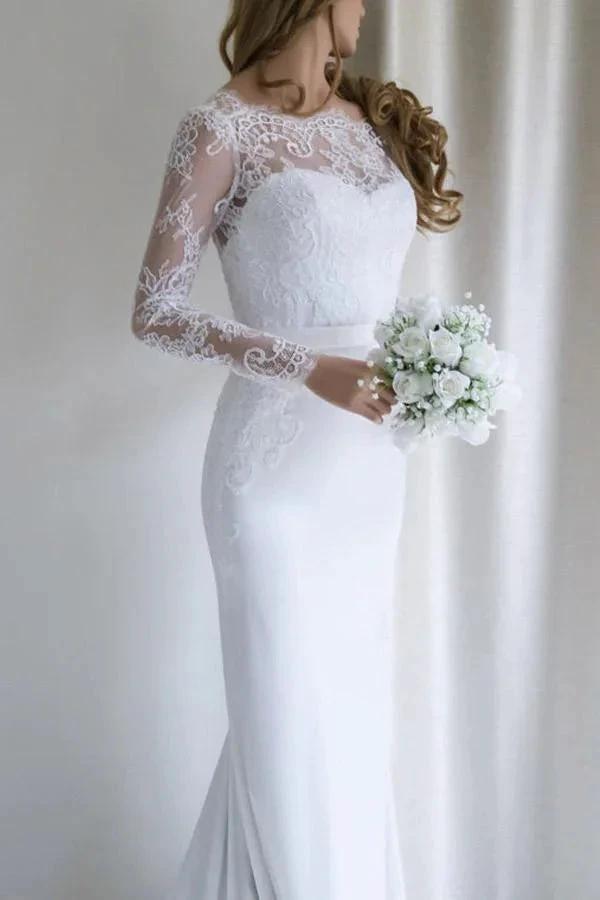 Elegant Lace Long Sleeves Mermaid White Long Wedding Dress with Train WD110 by pgmdress