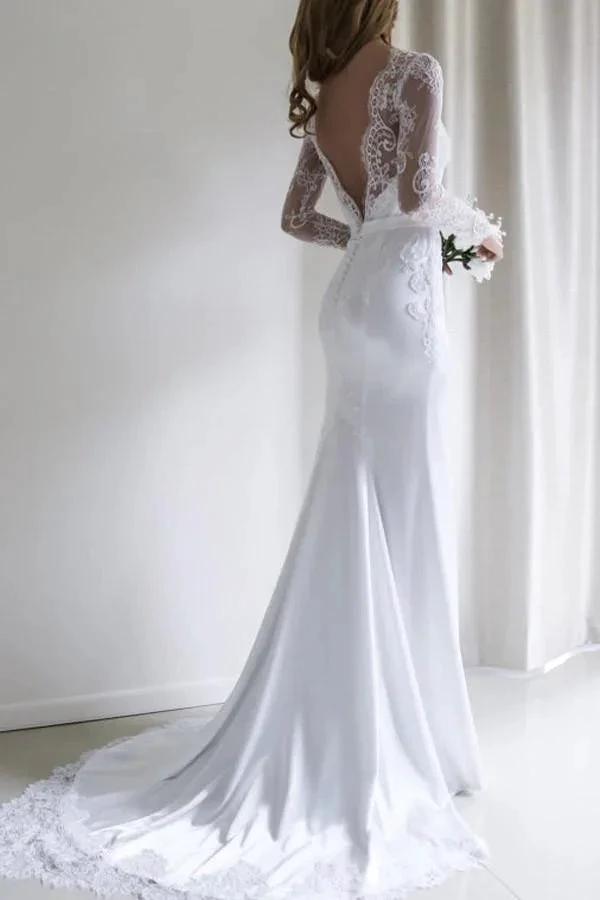 Elegant Lace Long Sleeves Mermaid White Long Wedding Dress with Train WD110 by pgmdress