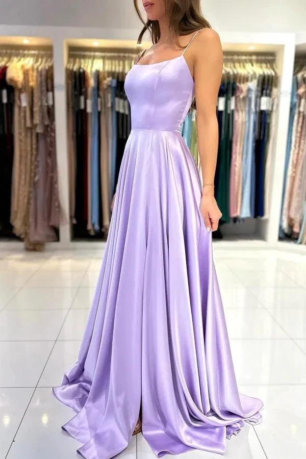 Elegant Lilac Long A-line Spaghetti Straps Lace-Up Satin Prom Dresses by BIZTUNNEL