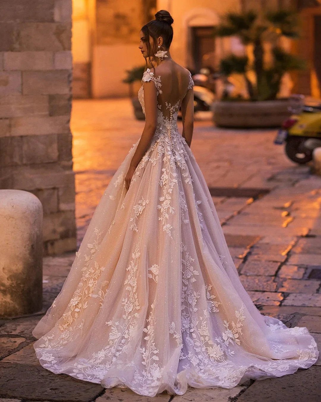 Elegant Long A-Line Bateau Appliques Lace Backless Sequins Wedding Dress by BIZTUNNEL