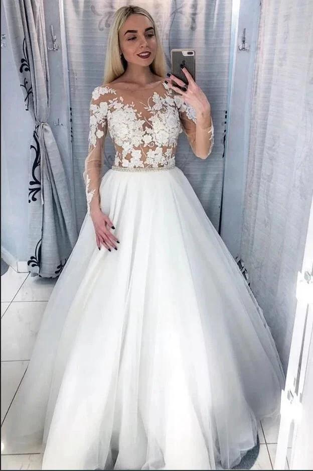 Elegant Long A-Line Bateau Appliques Lace Tulle Wedding Dress with Sleeves by BIZTUNNEL