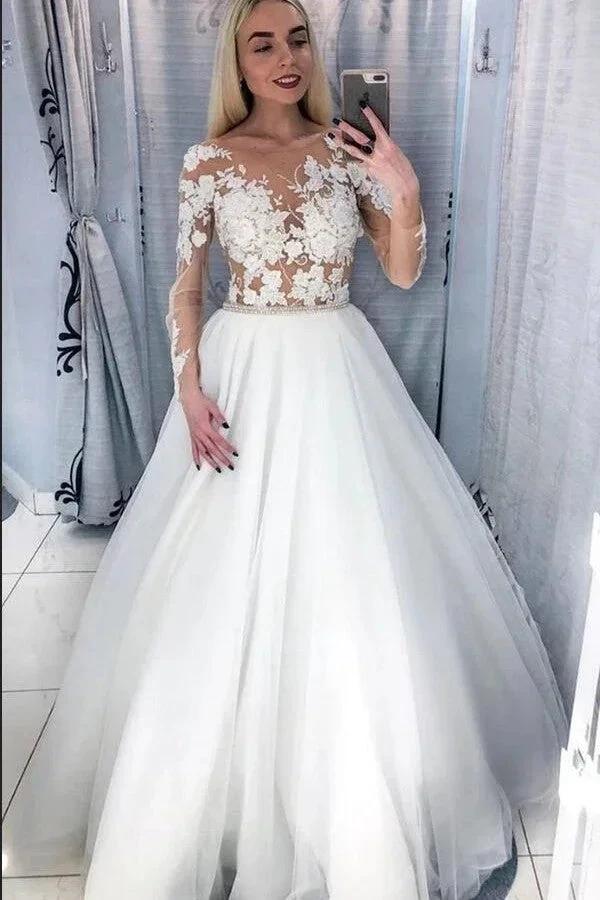 Elegant Long A-Line Bateau Appliques Lace Tulle Wedding Dress with Sleeves by BIZTUNNEL
