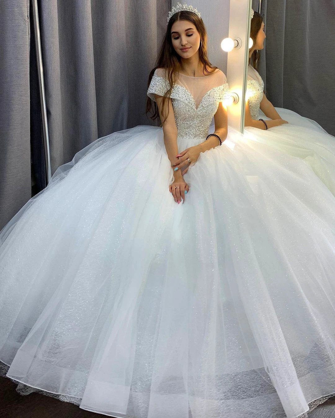 Elegant Long A-Line Bateau Sequins Crystal Tulle Train Wedding Dress with Sleeves by BIZTUNNEL