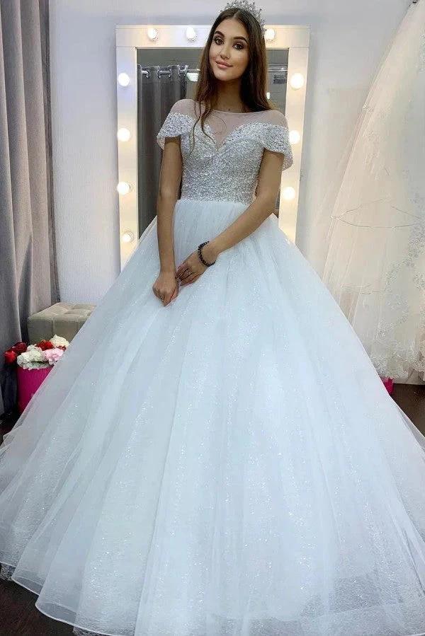 Elegant Long A-Line Bateau Sequins Crystal Tulle Train Wedding Dress with Sleeves by BIZTUNNEL