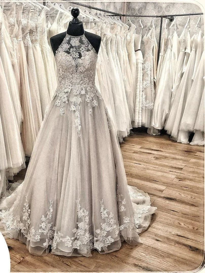Elegant Long A-line Halter Backless Appliques Lace Tulle Ruffles Train Wedding Dress by BIZTUNNEL