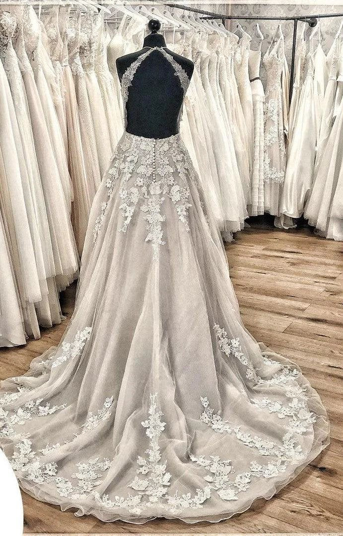 Elegant Long A-line Halter Backless Appliques Lace Tulle Ruffles Train Wedding Dress by BIZTUNNEL