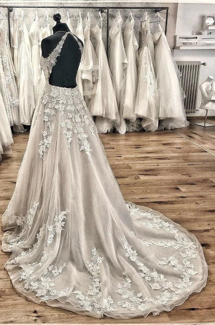 Elegant Long A-line Halter Backless Appliques Lace Tulle Ruffles Train Wedding Dress by BIZTUNNEL