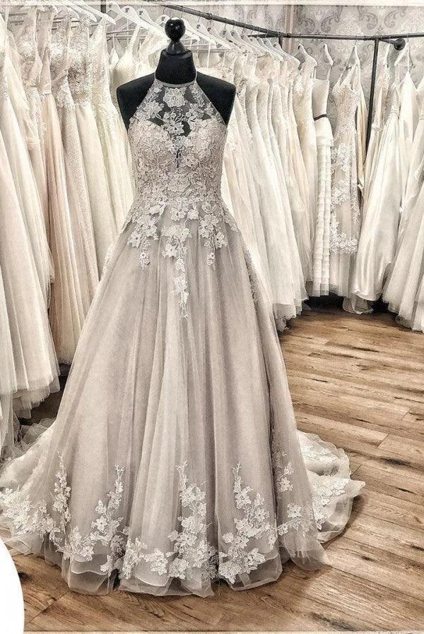 Elegant Long A-line Halter Backless Appliques Lace Tulle Ruffles Train Wedding Dress by BIZTUNNEL