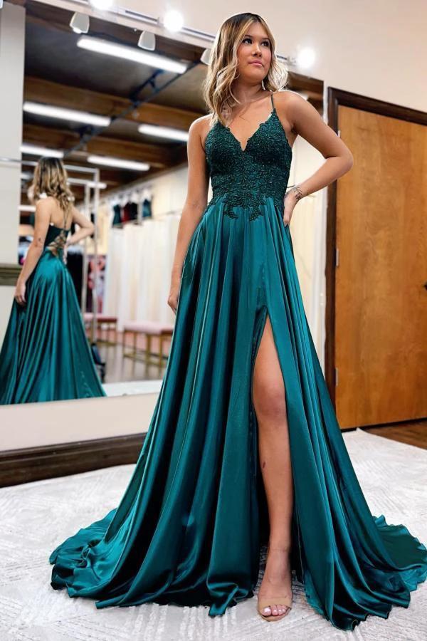 Elegant Long A-line Halter Satin Front Slit Backless Prom Dress with Pocktes by BIZTUNNEL