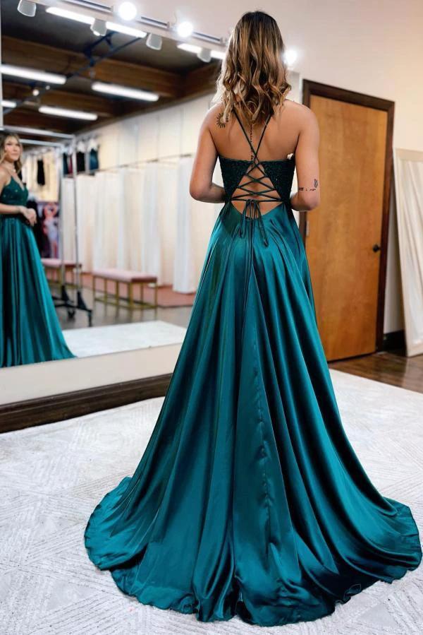 Elegant Long A-line Halter Satin Front Slit Backless Prom Dress with Pocktes by BIZTUNNEL