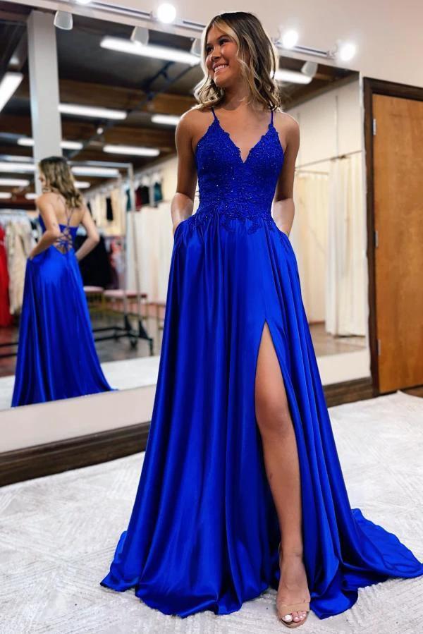 Elegant Long A-line Halter Satin Front Slit Backless Prom Dress with Pocktes by BIZTUNNEL