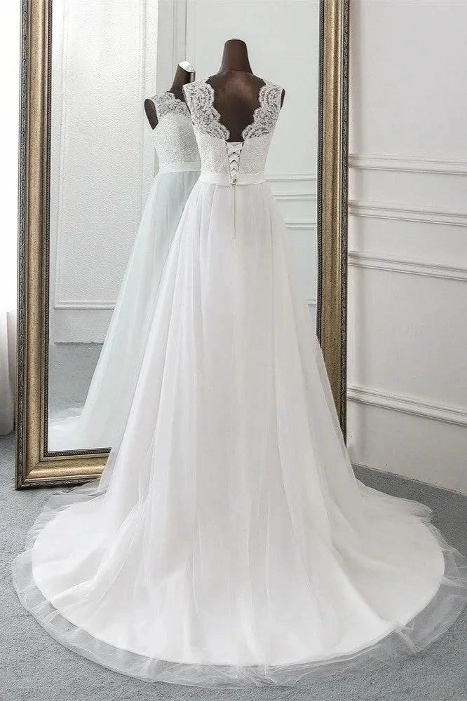 Elegant Long A-line Jewel Tulle Appliques Lace Wedding Dress by BIZTUNNEL