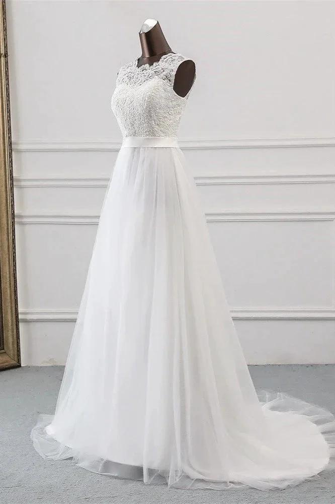 Elegant Long A-line Jewel Tulle Appliques Lace Wedding Dress by BIZTUNNEL