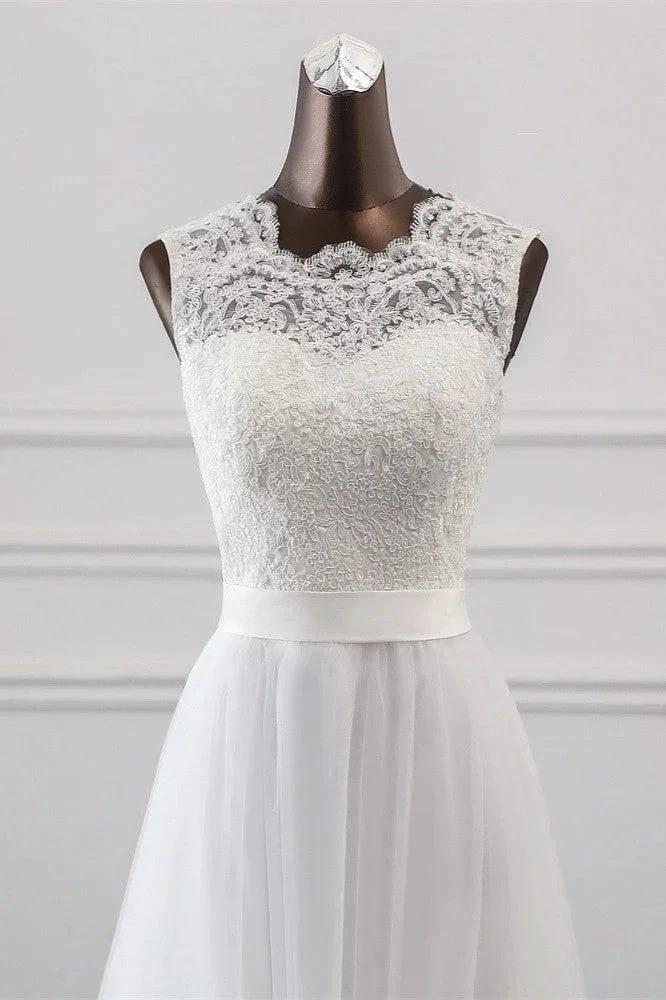 Elegant Long A-line Jewel Tulle Appliques Lace Wedding Dress by BIZTUNNEL