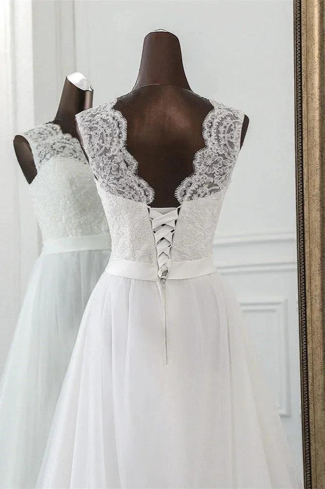 Elegant Long A-line Jewel Tulle Appliques Lace Wedding Dress by BIZTUNNEL