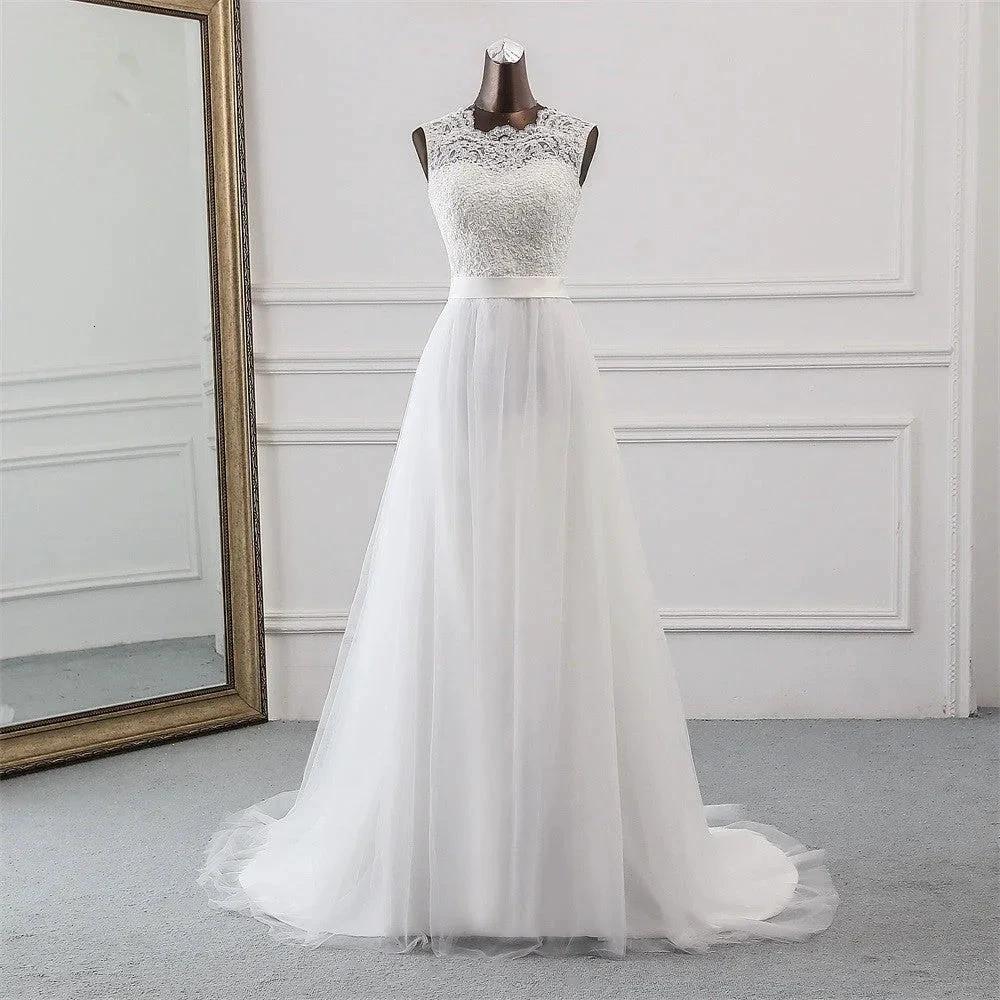 Elegant Long A-line Jewel Tulle Appliques Lace Wedding Dress by BIZTUNNEL
