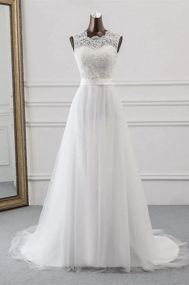 Elegant Long A-line Jewel Tulle Appliques Lace Wedding Dress by BIZTUNNEL