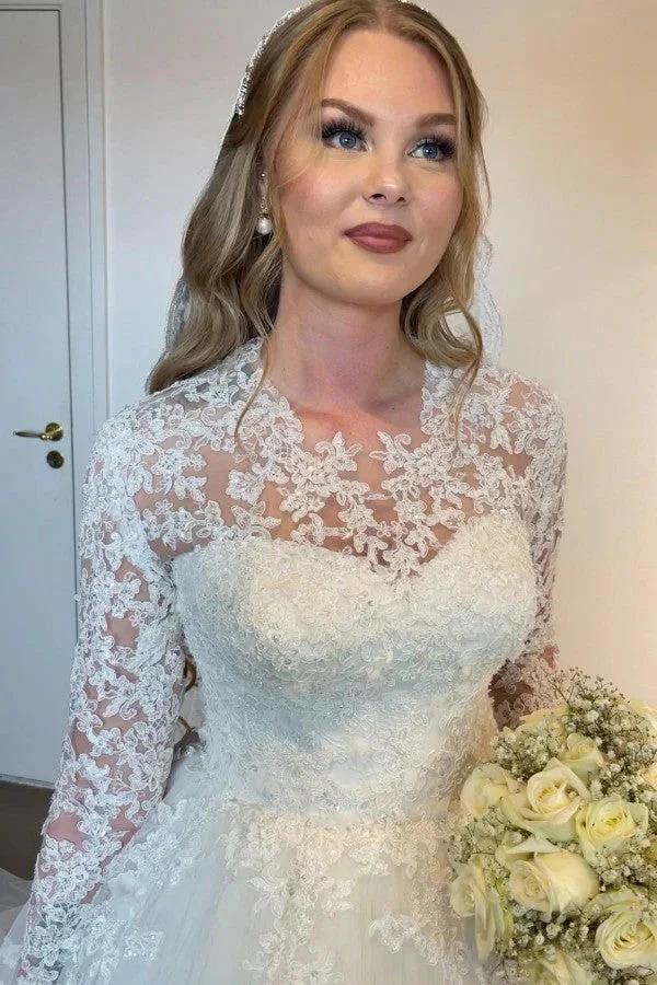 Elegant Long A-line Lace Wedding Dresses With Long Sleeves by misshow.com
