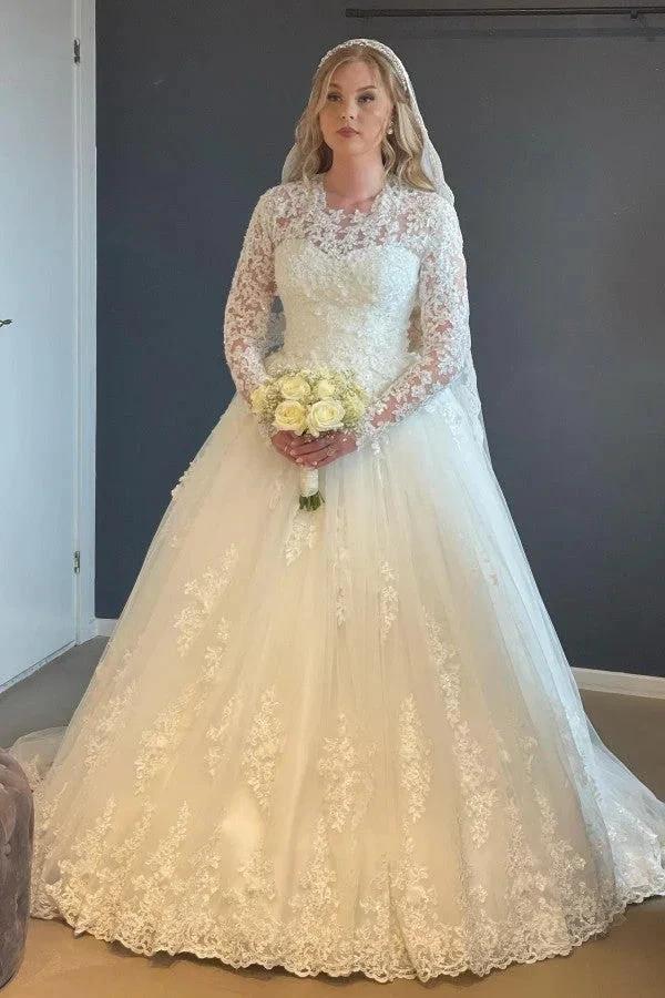 Elegant Long A-line Lace Wedding Dresses With Long Sleeves by misshow.com