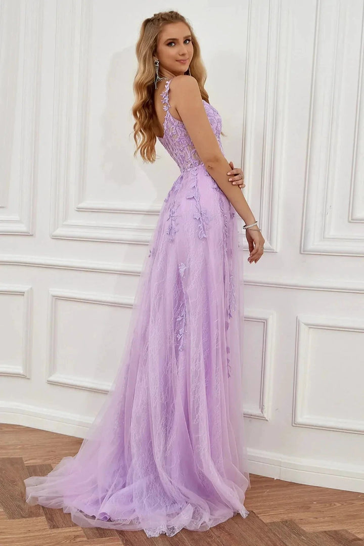 Elegant Long A-line Off The Shoulder Lace Tulle Formal Graduation Prom Dresses with Slit by BIZTUNNEL