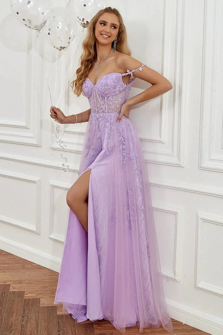 Elegant Long A-line Off The Shoulder Lace Tulle Formal Graduation Prom Dresses with Slit by BIZTUNNEL