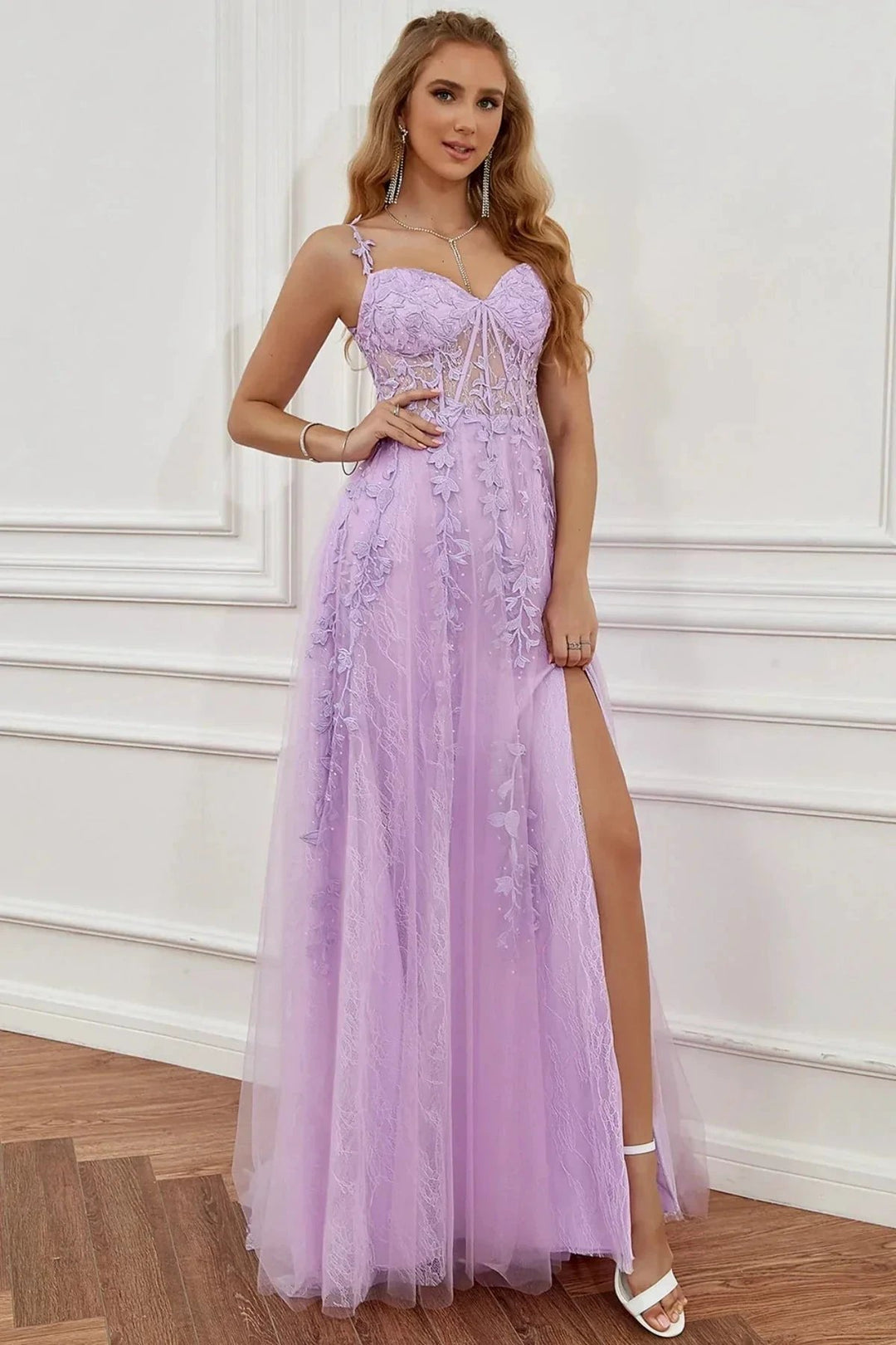 Elegant Long A-line Off The Shoulder Lace Tulle Formal Graduation Prom Dresses with Slit by BIZTUNNEL