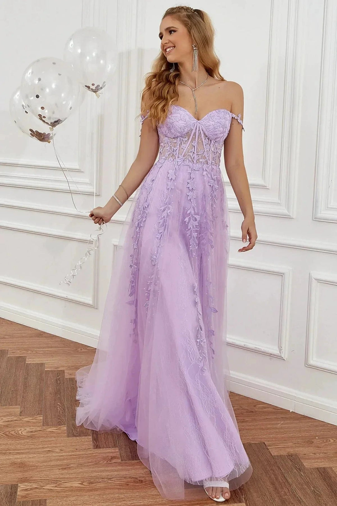 Elegant Long A-line Off The Shoulder Lace Tulle Formal Graduation Prom Dresses with Slit by BIZTUNNEL