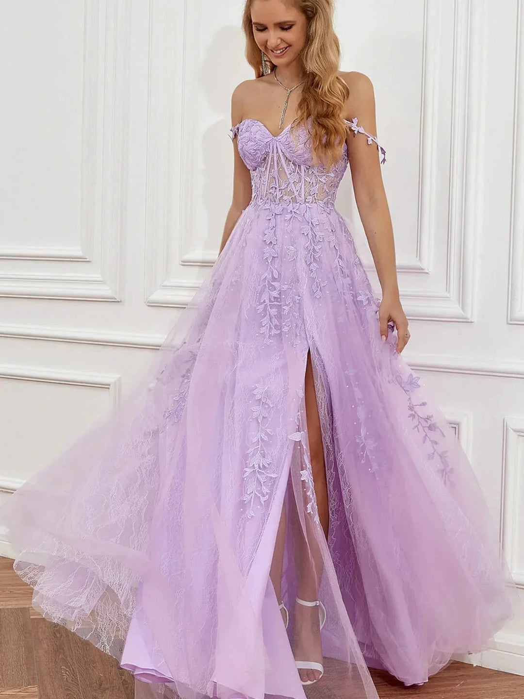 Elegant Long A-line Off The Shoulder Lace Tulle Formal Graduation Prom Dresses with Slit by BIZTUNNEL