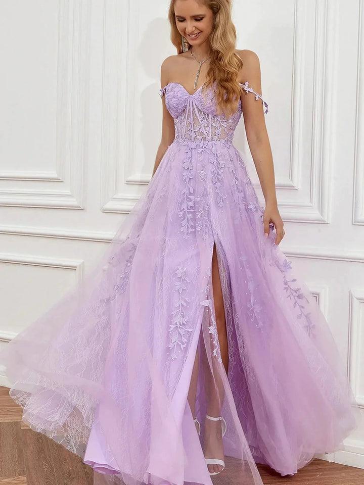Elegant Long A-line Off The Shoulder Lace Tulle Formal Graduation Prom Dresses with Slit by BIZTUNNEL