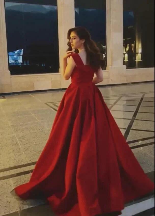Elegant Long A-line Off-the-shoulder Satin Red Prom Dress by BIZTUNNEL