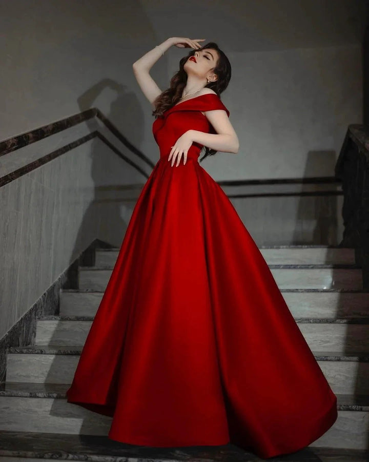 Elegant Long A-line Off-the-shoulder Satin Red Prom Dress by BIZTUNNEL