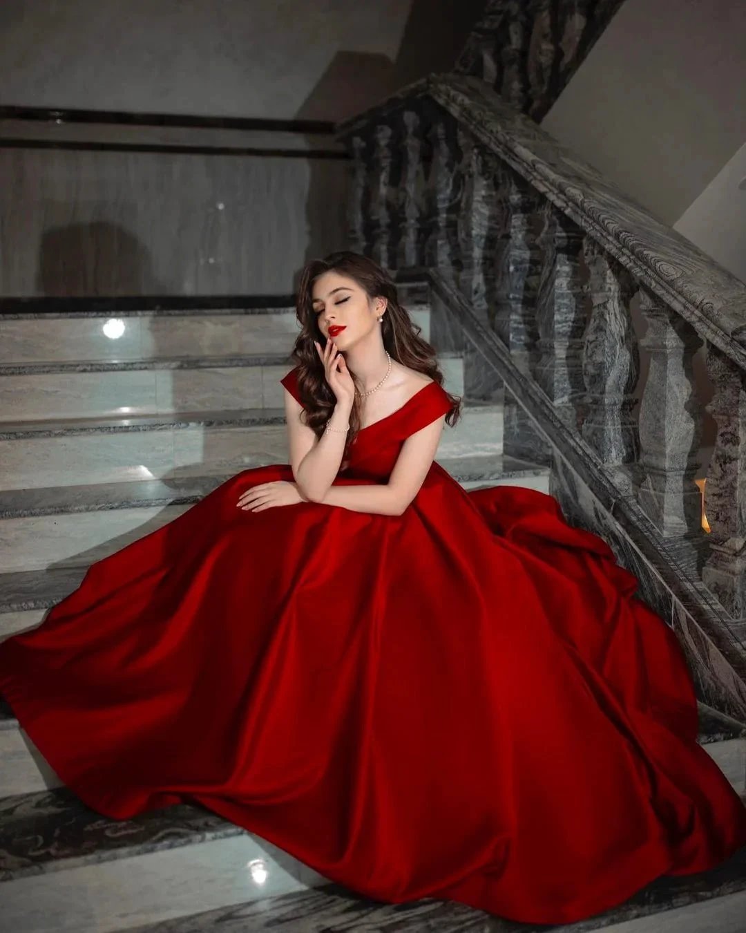 Elegant Long A-line Off-the-shoulder Satin Red Prom Dress by BIZTUNNEL