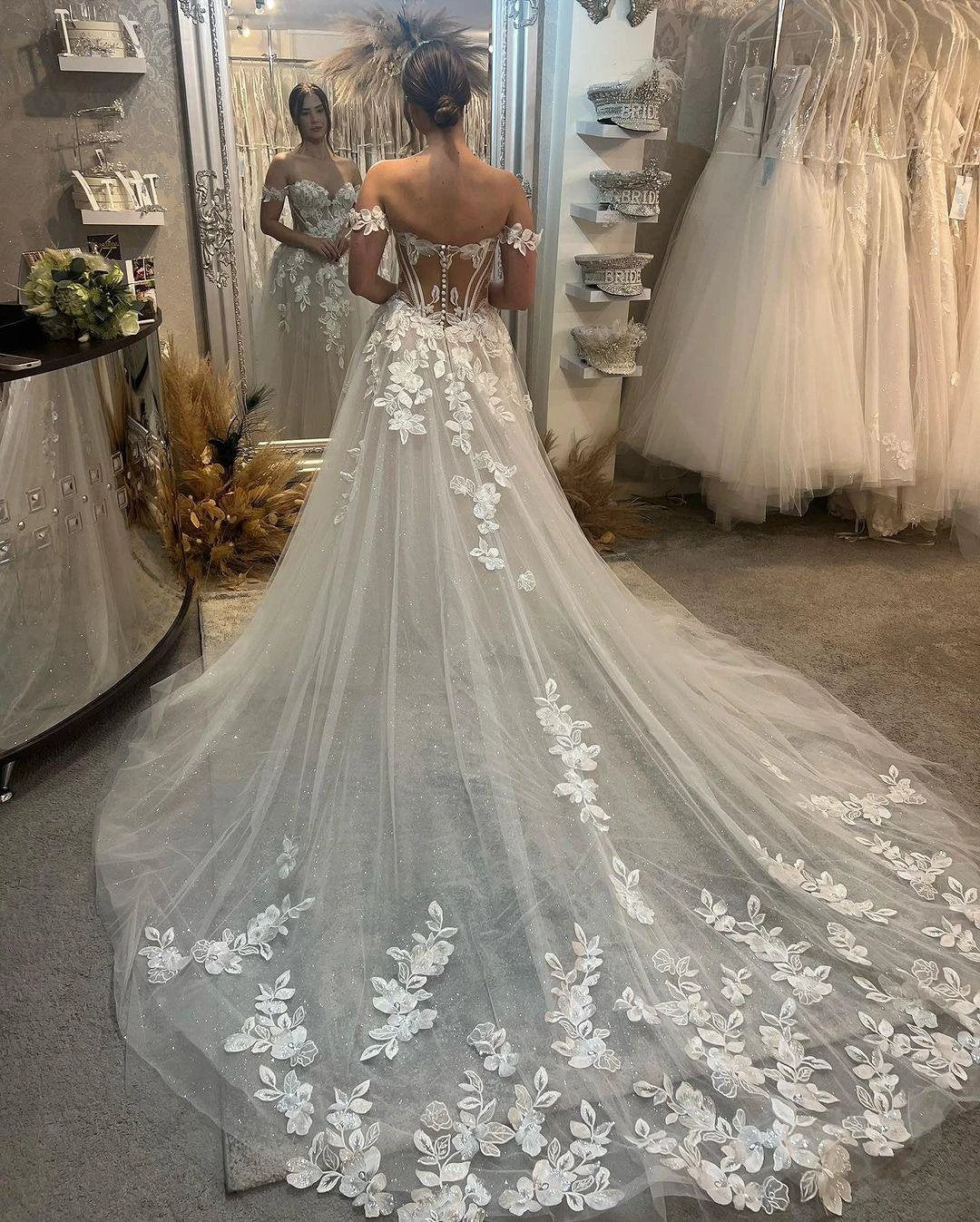 Elegant Long A-line Off-the-shoulder Sweetheart Appliques Glitter Wedding Dress by misshow.com
