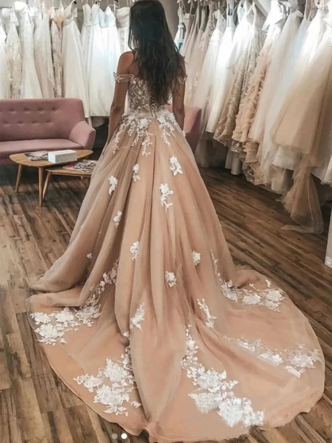 Elegant Long A-line Off the Shoulder Tulle Lace Graduation Prom Dresses by BIZTUNNEL
