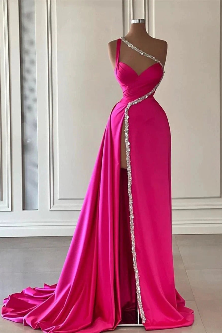Elegant Long A-line One Shoulder Sweetheart Sleeveless Satin Prom Dress With Slit by BIZTUNNEL