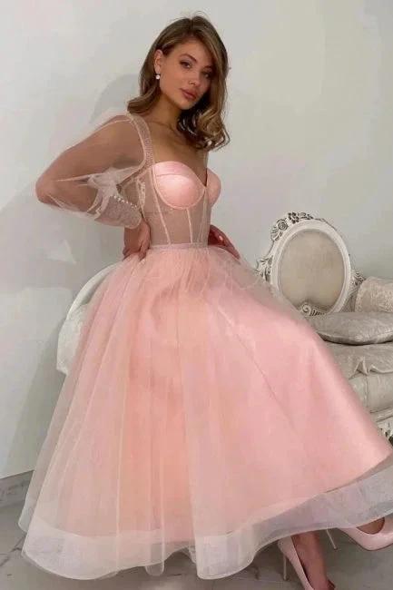 Elegant Long A-line Pink Tulle Long Sleeves Prom Dress Peach Party Dress by misshow.com