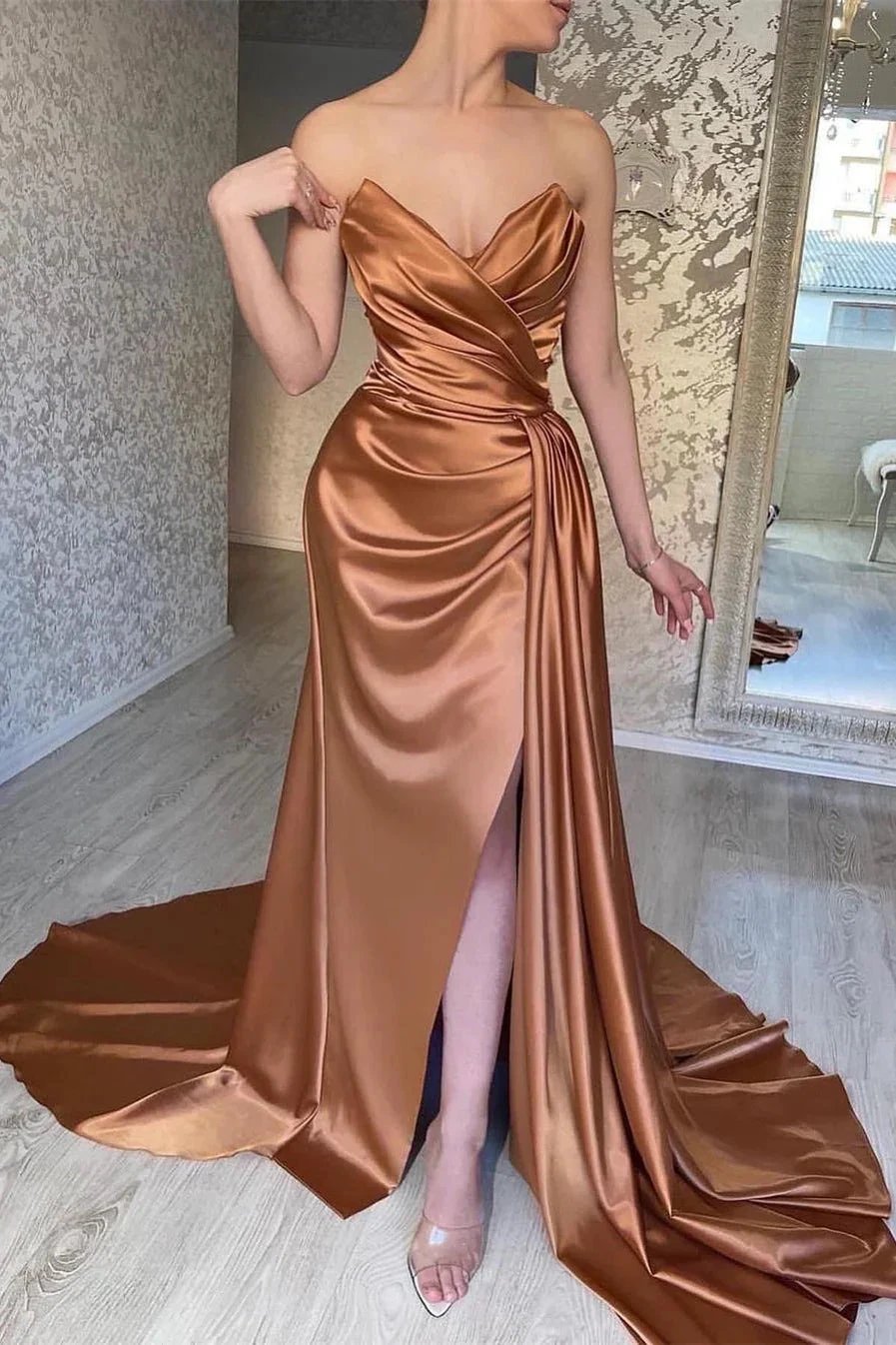 Elegant Long A-line Satin Sleeveless Simple Prom Dress With Slit by misshow.com