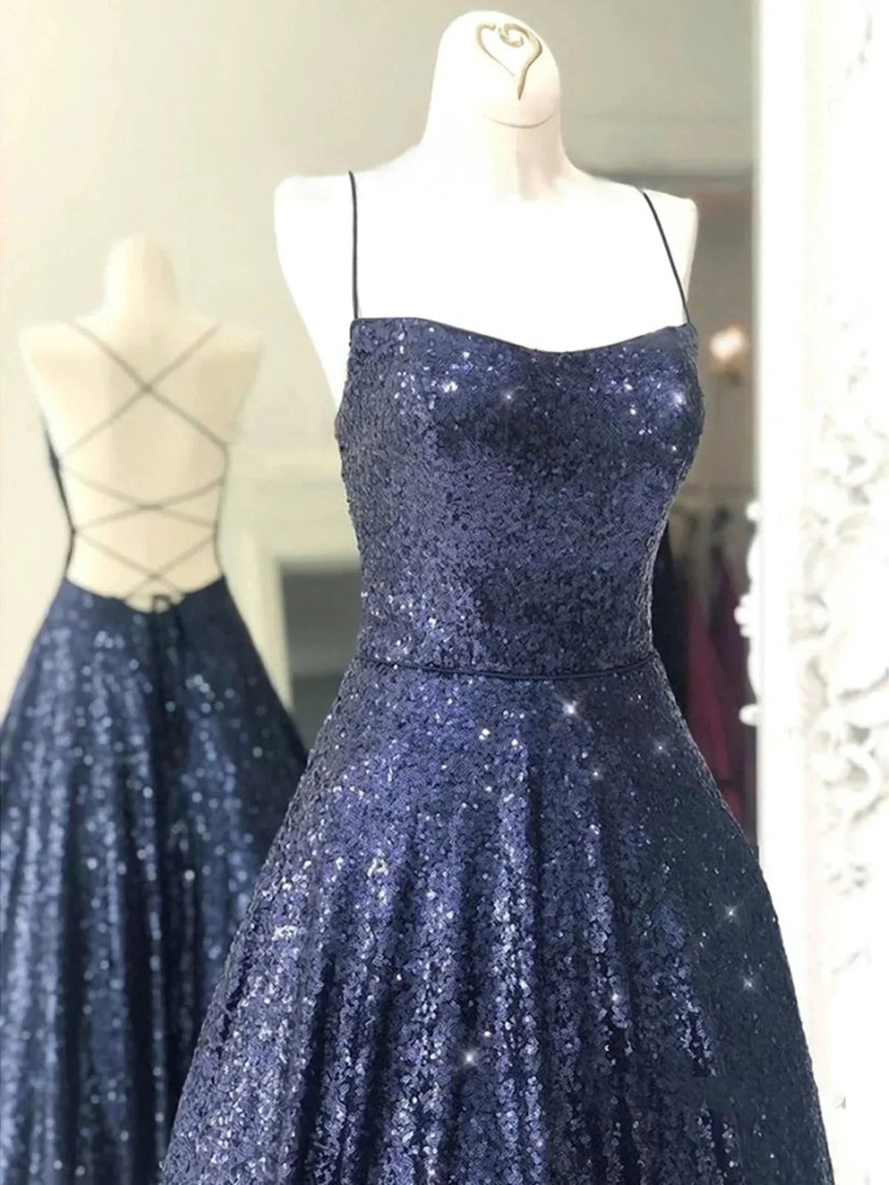 Elegant Long A-line Strapless Sequined Open Back Formal Prom Dresses by BIZTUNNEL