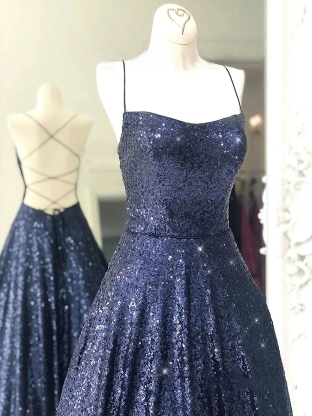 Elegant Long A-line Strapless Sequined Open Back Formal Prom Dresses by BIZTUNNEL