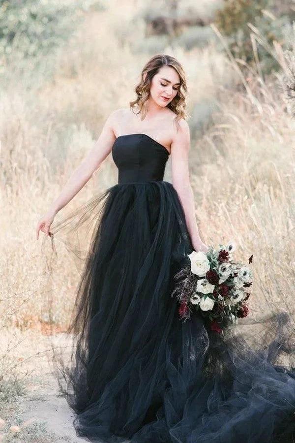Elegant Long A-line Strapless Tulle Black Wedding Dress by BIZTUNNEL