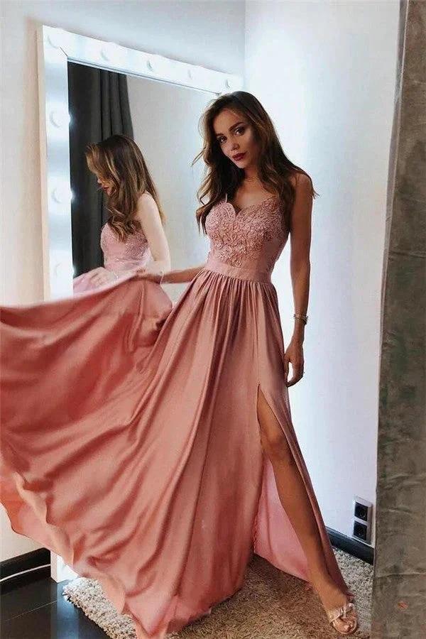Elegant Long A-line Sweetheart Appliques Lace Prom Dress with Slit by BIZTUNNEL